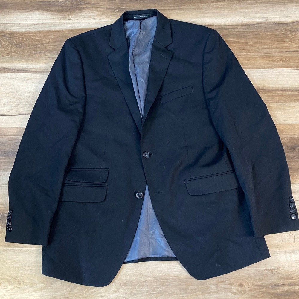 Perry Ellis Portfolio Blazer Mens 40R Minimalist Wool Blend Slim Fit Black Suit